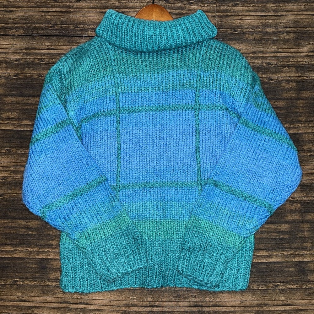 Vintage 80s Liz Claiborne Knit Turtle Neck Sweater Size M Colorblock Blue Green